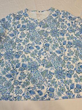 Women’s Floral Tee - White w Blue & Green Kim Rodgers 3X 100% Cotton Tee Summer